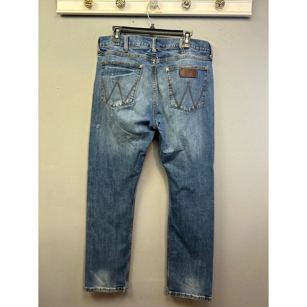 Wrangler Jeans Mens 36x32 Blue Wrangler Retro Slim Straight Distressed Denim